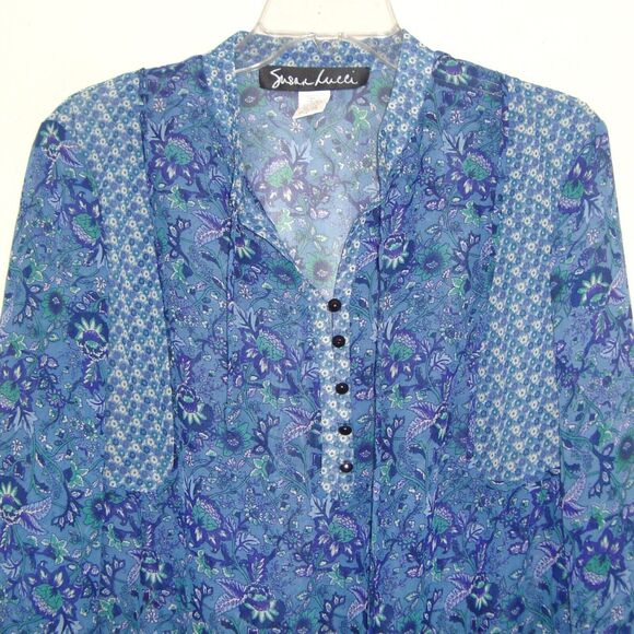Susan Lucci Boho Blue Floral Chiffon 1/4 Button Front Long Sleeve Blouse Size L - Picture 6 of 11